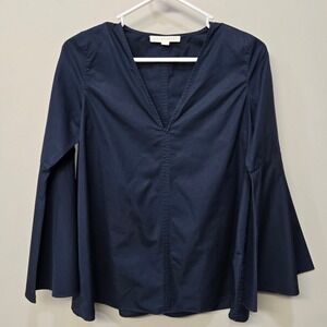 Ann Mashburn Shirt Top Small Navy Blue Bell Sleeve Cotton Cottage Fairy Romantic